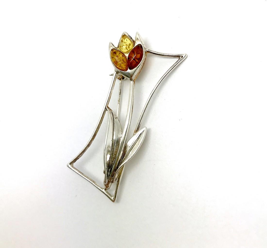 Old Baltic amber silver 925 brooch 50x25mm (1 of 7)