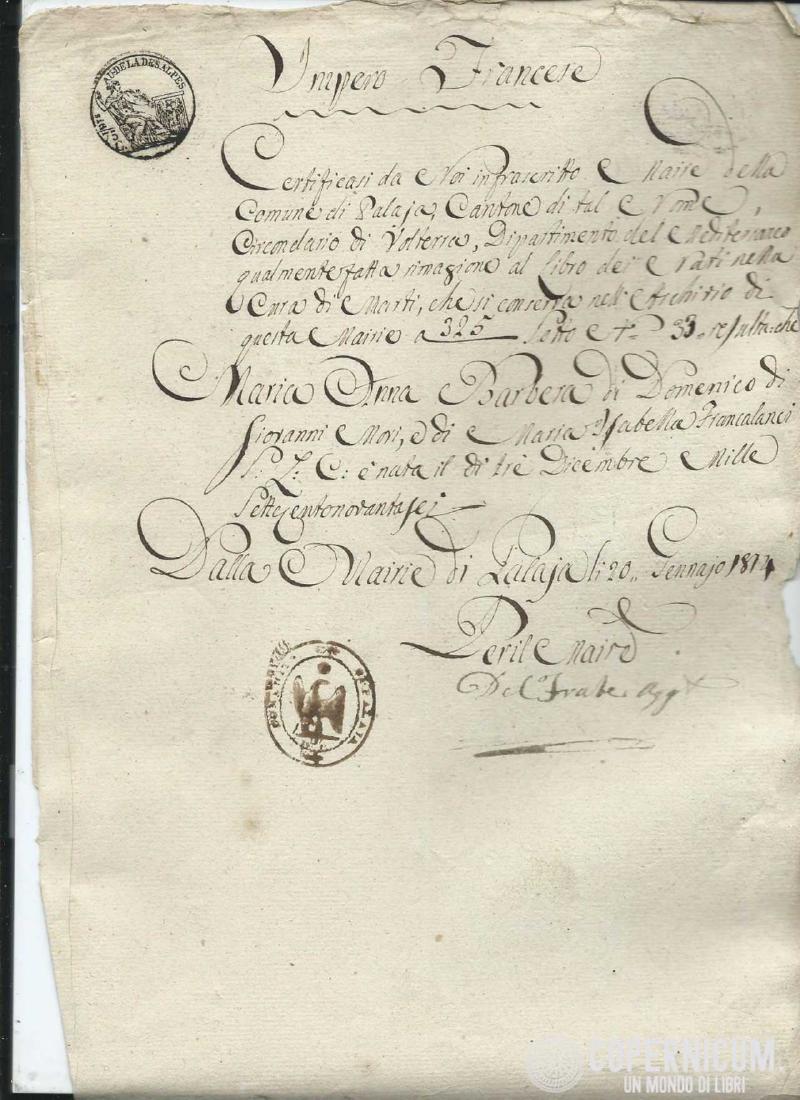 Original Manuscript French Empire Department of the: Title: Original Manuscript French Empire Department of the Mediterranean Volga Palaja Birth of Birth Maria Anna Barbera Title (Italian): Original Manuscript French Empire Department of the Mediterrane