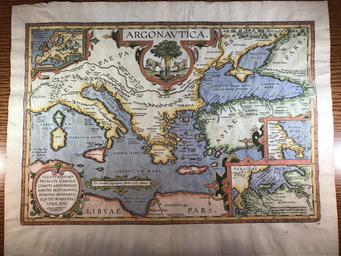 Ortelius: Argonautica: No Reserve! Title/Content of Map: Argonautica Date: 1600's Cartographer: Abraham Ortelius Material/Medium: Excellent hand color, strong impression, thin paper. No text on verso. From the first modern 