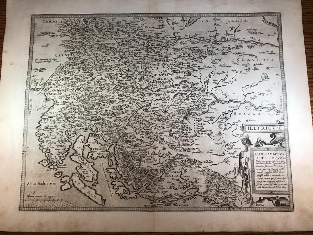 Ortelius: Illyricum: No Reserve! Title/Content of Map: Illyricum Date: 1588 Cartographer: Abraham Ortelius Material/Medium: No color, good impression, thick paper. Spanish text on verso. From the first modern atlas- the T