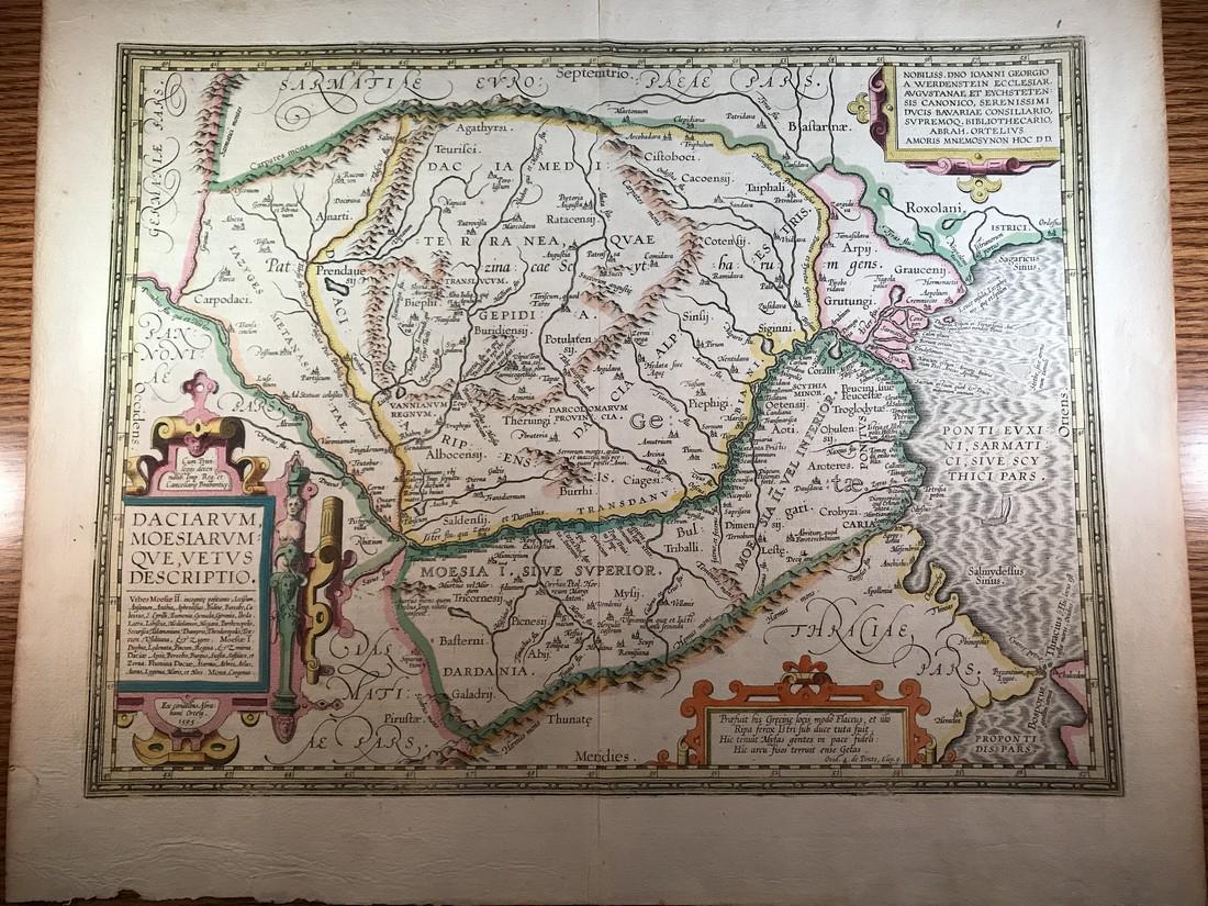 Ortelius: Daciarum Moesiarum Que Vetus Descriptio: No Reserve! Title/Content of Map: Daciarum Moesiarum Que Vetus Descriptio Date: 1618 Cartographer: Abraham Ortelius Material/Medium: Hand color, good impression. Latin text on verso. From the first mo