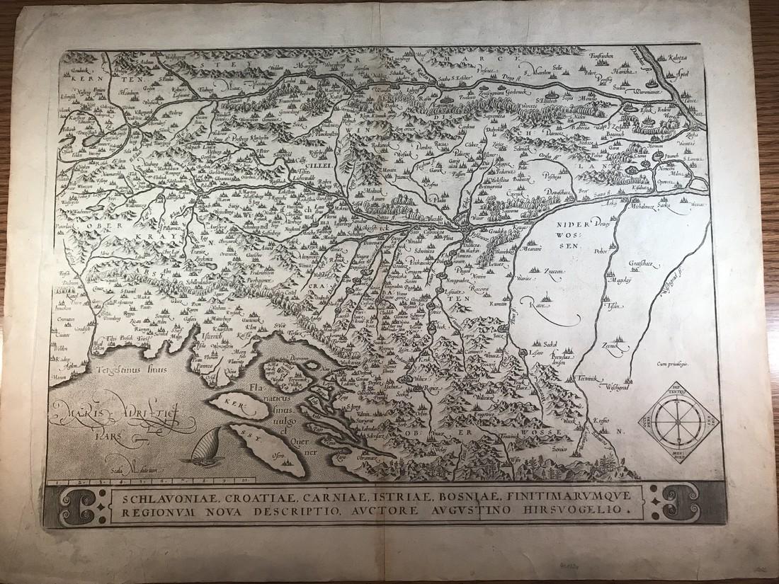 Ortelius: Schlavoniae, Croatiae, Carniae, Istriae,: No Reserve! Title/Content of Map: Schlavoniae, Croatiae, Carniae, Istriae, Bosniae… Date: 1602 Cartographer: Abraham Ortelius Material/Medium: No color, good impression, thin paper. German text on v