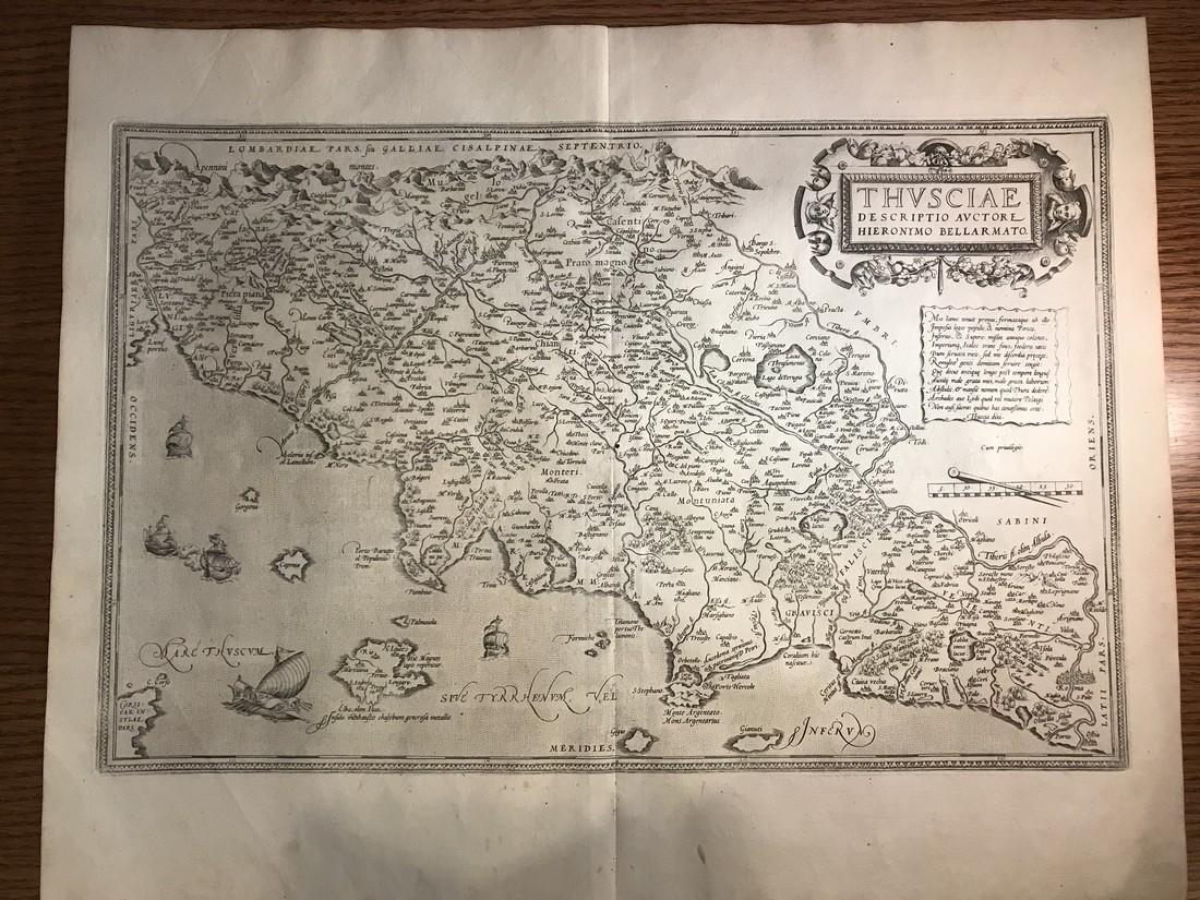 Ortelius: Thusciae: No Reserve! Title/Content of Map: Thusciae Date: 1579 Cartographer: Abraham Ortelius Material/Medium: No color, thick paper. Latin text on verso. From the first modern atlas- the Theatrum Orbis Terrar