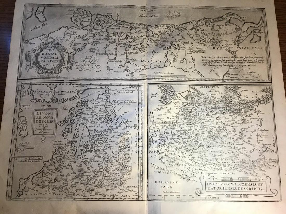 Ortelius: Livoniae, Pomeraniae: No Reserve! Title/Content of Map: Livoniae, Pomeraniae Date: 1579 Cartographer: Abraham Ortelius Material/Medium: No color, thin paper. Latin text on verso. From the first modern atlas- the Theatrum O