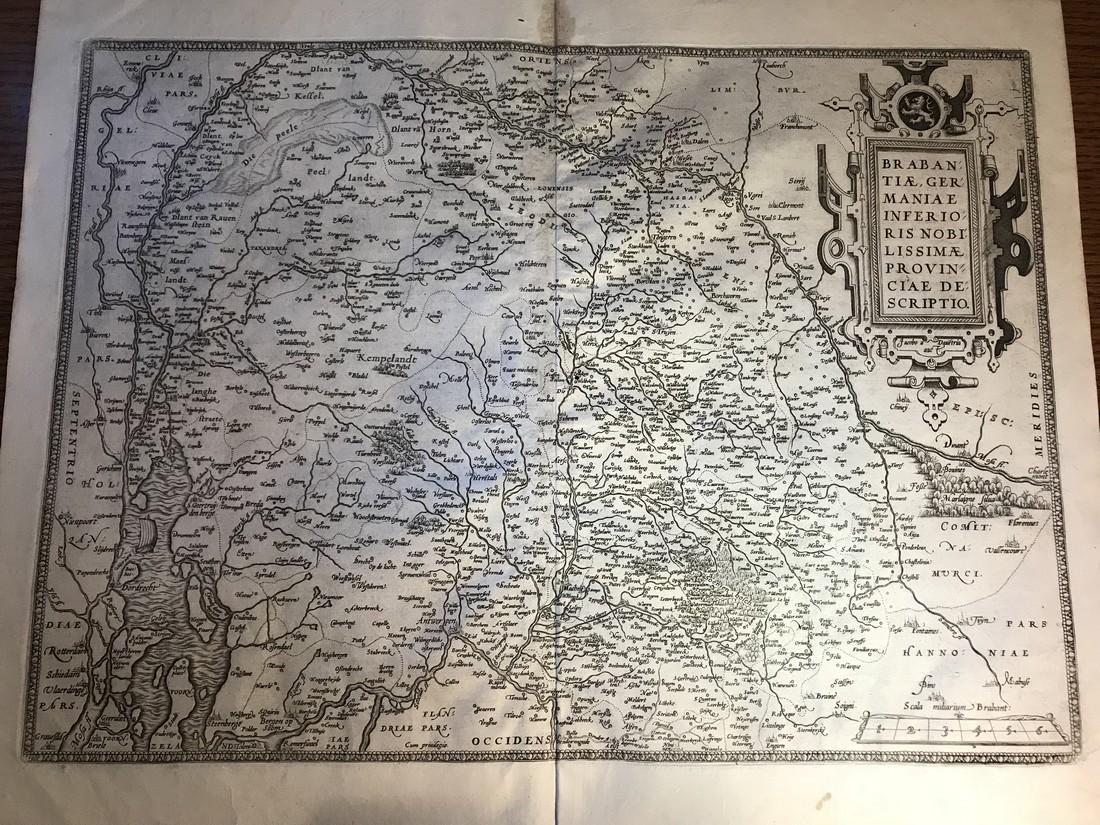 Ortelius: Brabantiae Germaniae Inferioris: No Reserve! Title/Content of Map: Brabantiae Germaniae Inferioris Date: 1579 Cartographer: Abraham Ortelius Material/Medium: No color, strong impression. Latin text on verso. From the first modern atl