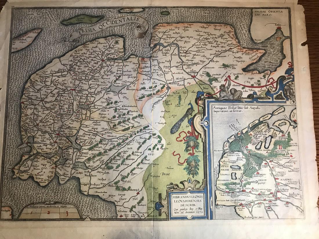 Ortelius: Frisia Occidentalis: No Reserve! Title/Content of Map: Frisia Occidentalis Date: 1584 Cartographer: Abraham Ortelius Material/Medium: Hand color, thick paper. Latin text on verso. From the first modern atlas- the Theatrum
