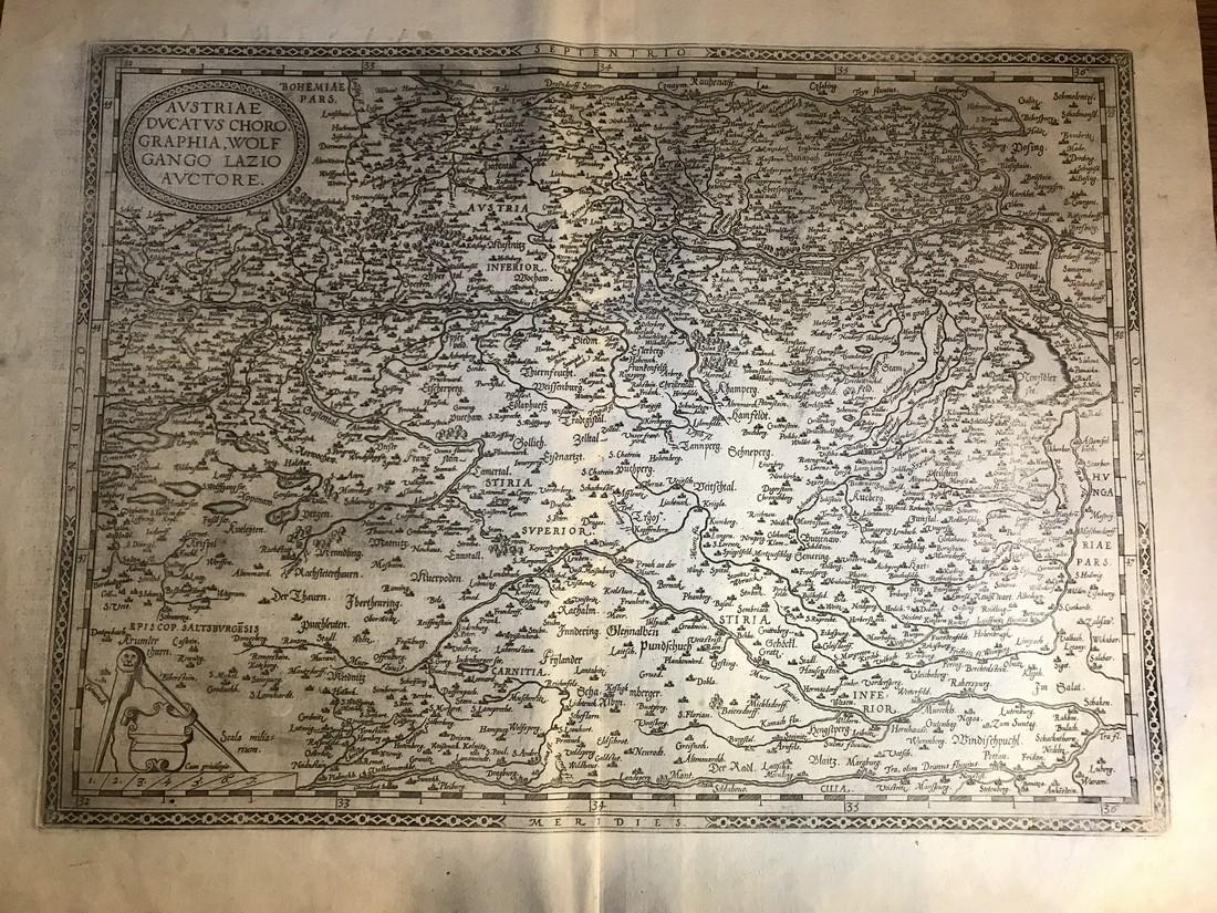 Ortelius: Austriae Ducatus Chorographia: No Reserve! Title/Content of Map: Austriae Ducatus Chorographia Date: 1588 Cartographer: Abraham Ortelius Material/Medium: No color, thin paper. Spanish text on verso. From the first modern atlas- the