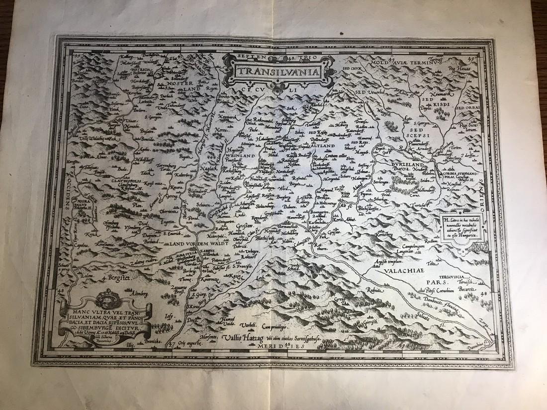 Ortelius: Transilvania: No Reserve! Title/Content of Map: Transilvania Date: 1579 Cartographer: Abraham Ortelius Material/Medium: No color. Latin text on verso. From the first modern atlas- the Theatrum Orbis Terrarum by Abr