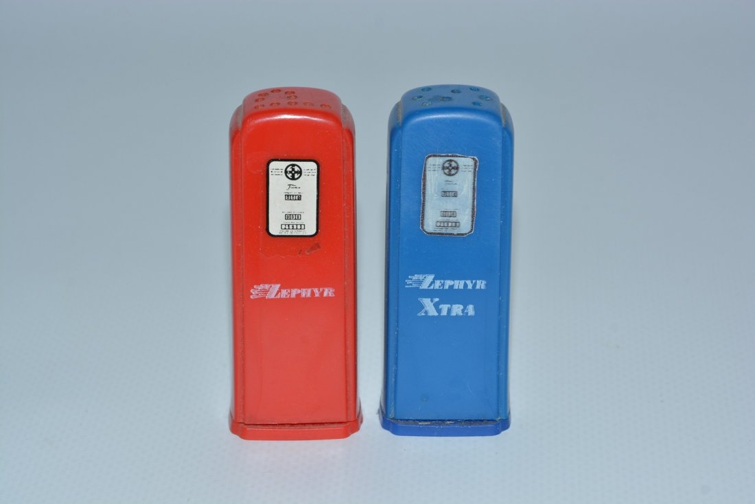 Zephyr & Zephyr Extra Plastic Gas Pump Salt & Pepper: No Reserve! rated 9 & 8, red pump is in excellent condition, blue pump has new paper label meter, bottom is ink stamped, 2.75"T. Shipping: Domestic: Flat-rate of $15.00 to anywhere within the contiguo