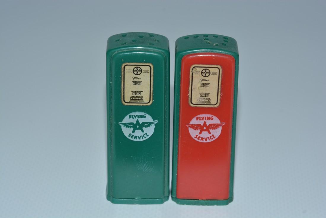 Flying A Service w/logo Plastic Gas Pump Salt & Pepper: No Reserve! rated 9+, paper label meters are good, ink stamped bottom, one is green on green other is green body red doors, green bases, 2.75"T. Shipping: Domestic: Flat-rate of $15.00 to anywhere wit