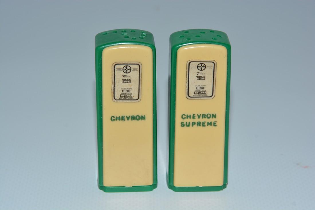 Chevron & Chevron Supreme Plastic Gas Pump Salt &: No Reserve! rated 9.5, paper label meters & heat stamped lower, all in excellent condition, 2.75"T. Shipping: Domestic: Flat-rate of $15.00 to anywhere within the contiguous U.S. International: Foreig