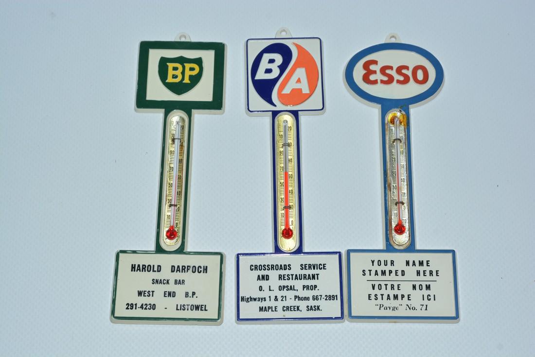 3-Canadian Gasoline Station Plastic Thermometers: No Reserve! ESSO, BP & BA, rated 9, all in very good condition, tubes are good, 6.25"x2" Shipping: Domestic: Flat-rate of $15.00 to anywhere within the contiguous U.S. International: Foreign shipping 