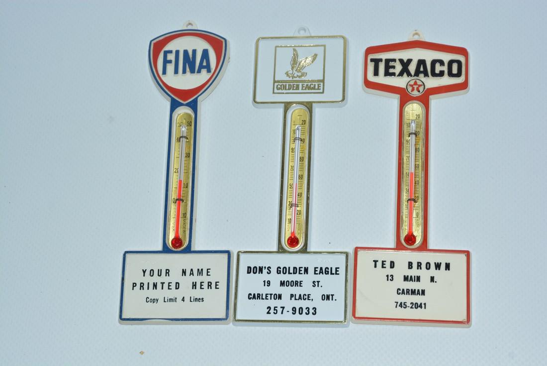 3-Canadian Gasoline Station Plastic Thermometers: No Reserve! Texaco, Fina & Golden Eagle, rated 9, all in very good condition, tubes are good, 6.25"x2" Shipping: Domestic: Flat-rate of $15.00 to anywhere within the contiguous U.S. International: For