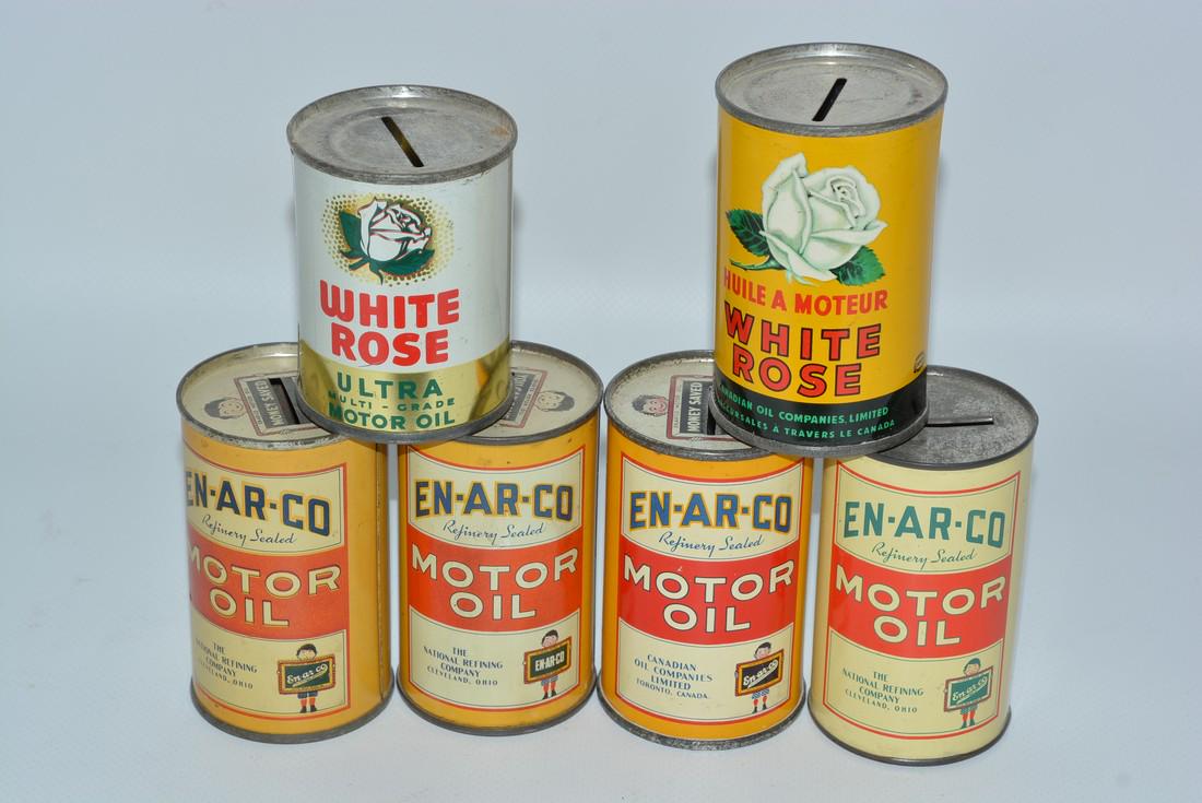 6-White Rose & En-Ar-Co Motor Oil Metal Can Banks: No Reserve! rated 8 to 9, light wear, 2.75" to 3.5"T. Shipping: Domestic: Flat-rate of $15.00 to anywhere within the contiguous U.S. International: Foreign shipping rates are determined by destination