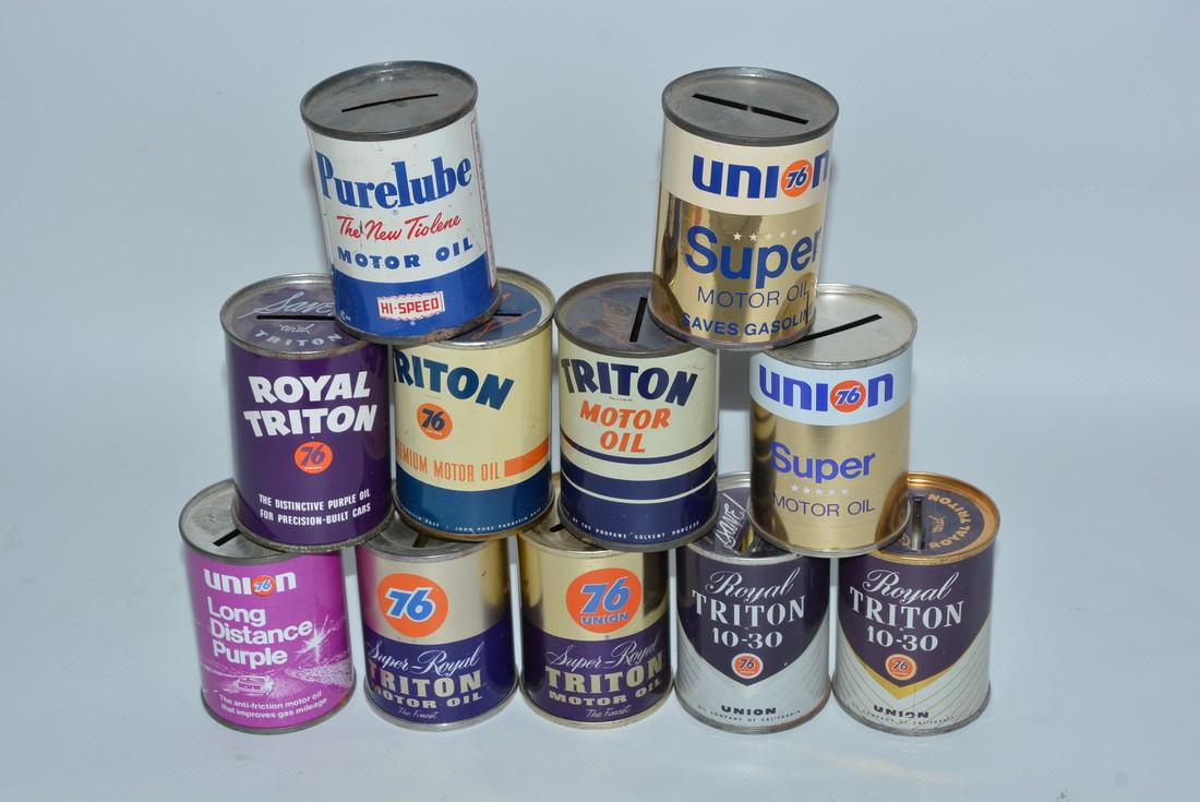 11-Union 76 & Triton Motor Oil Metal Can Banks: No Reserve! rated 8 to 9, light wear, 2.75" to 3"T. Shipping: Domestic: Flat-rate of $15.00 to anywhere within the contiguous U.S. International: Foreign shipping rates are determined by destination. 