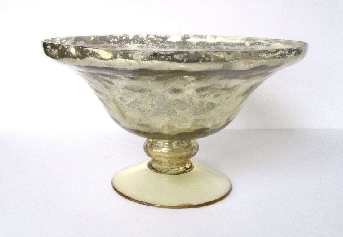 Vintage Footed Mercury Glass Compote: Reserve Reduced! Vintage Mercury Glass Compote Circa. 1940 American Mercury with glass. A great combination! This one has a pale yellow glass. The compote has a classic pedestal. One issue with a chip