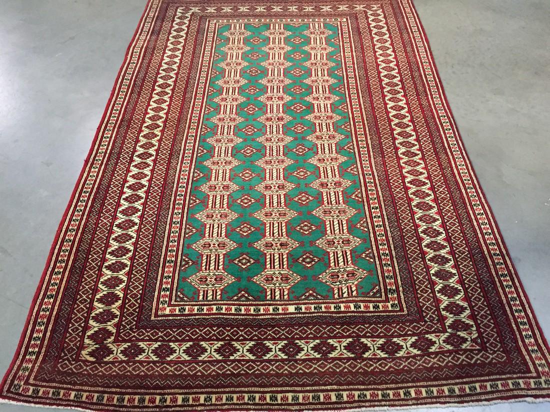UNIQUE TURKAMON RUG 4'.3"X6'.7": 4'.3"X 6'.7" MAGNIFICENT HAND KNOTTED WOOL ANTIQUE PERSIAN TURKAMON RUG GREEN, RED AND MULTI ACCENT COLORS 100% HAND SPUN WOOL HAND KNOTTED IN IRAN CIRCA 1960 Reserve: $480.00 Shipping: Domestic: Flat