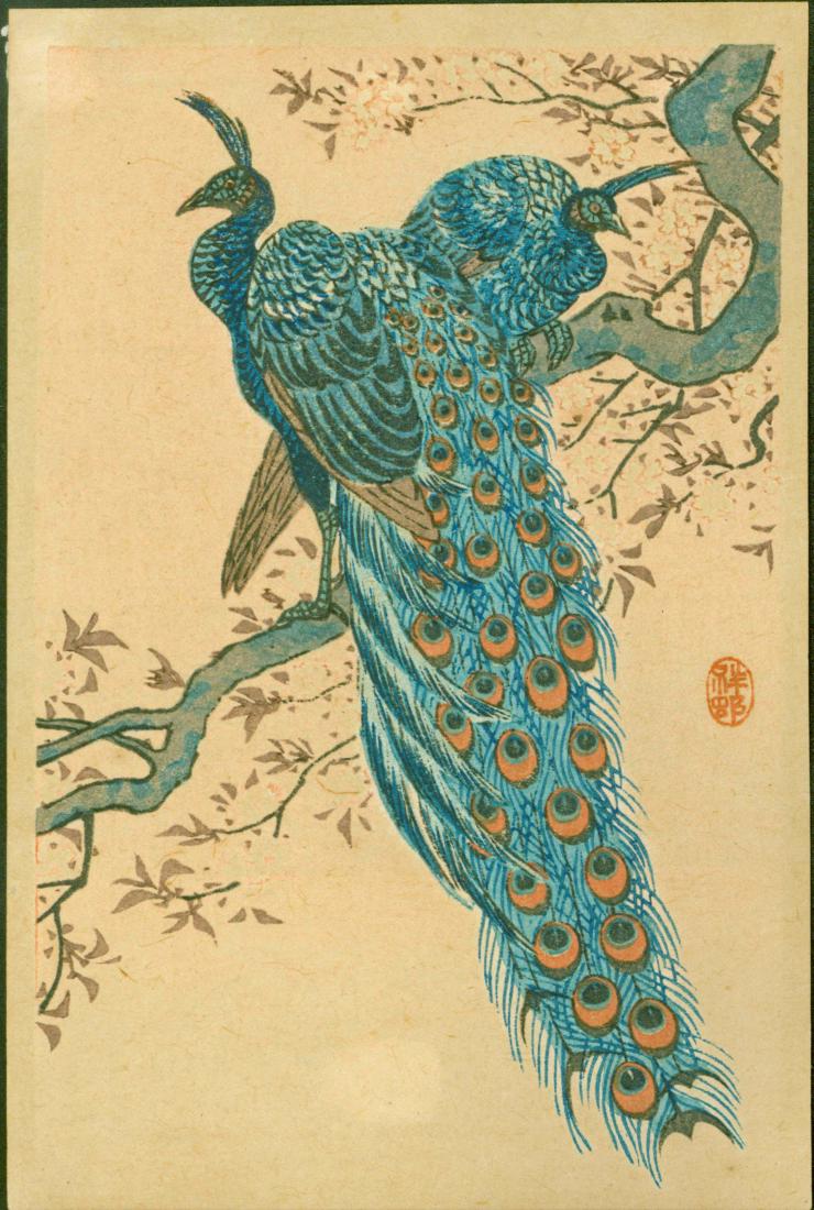 Ohara Koson: Peacock & Peahen in Flowering Cherry Tree: Title: Peacock and Peahen in Flowering Cherry Tree Artist: Ohara Koson (Shoson) Printing Date: ca. 1930. Medium: Japanese woodblock print. Size/Format: Approximately 5.5 x 3.75 inches. Publisher: Wata