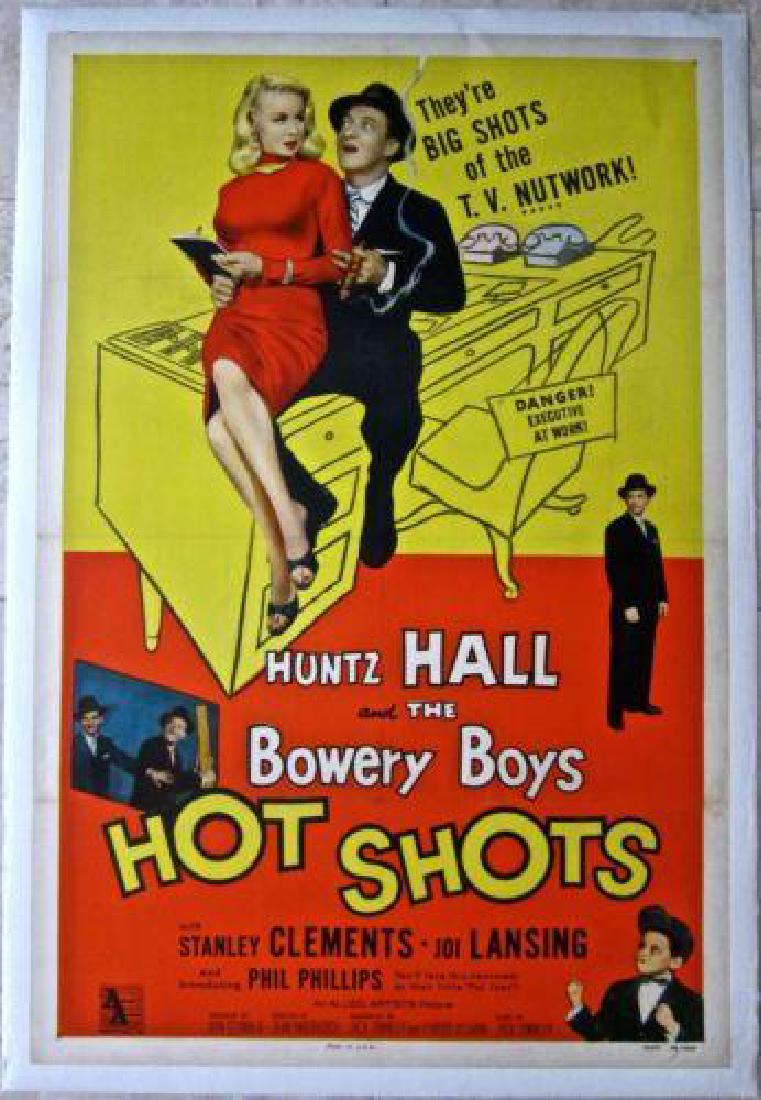 HOT SHOTS 56 LB 1 SH HUNTZ HALL & THE BOWERY BOYS RUN: Description OHOT SHOTS 56 LB 1 SH HUNTZ HALL & THE BOWERY BOYS RUN A TELEVISION NUTWORK! HOT SHOTS (Allied Artists, 1956)Size: Original U.S. One Sheet (27 x 41)Condition: Overall displays in Very Good