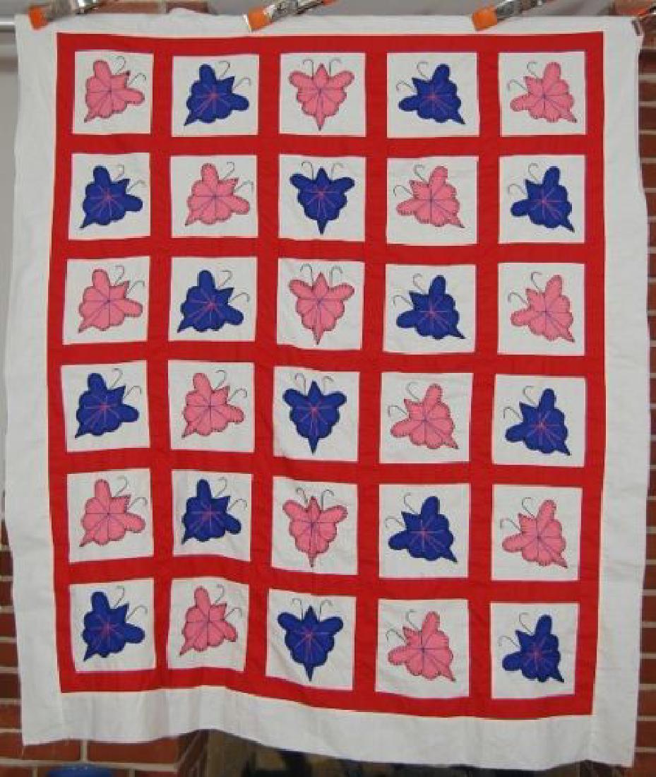 30's Red, Blue & Pink Butterfly Applique Crib Quilt Top: 30's Red, Blue & Pink Butterfly Applique Crib Quilt Top! This VIBRANT cotton 30's butterfly crib quilt top has hand appliqued and hand embroidered blocks precisely machine pieced together. It measures