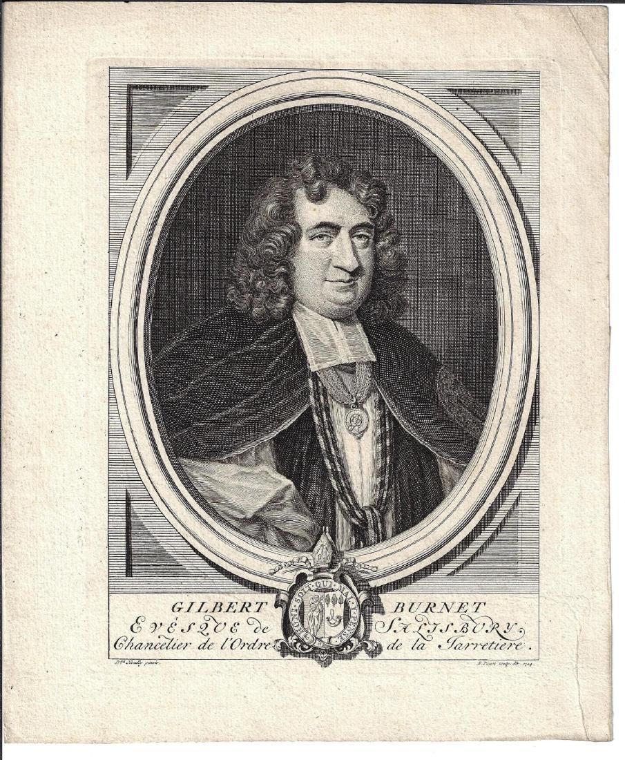 1724 Fine Engraving of Gilbert Burnet: 1724 Engraving of Gilbert Burnet by Bernard Picart after Sarah Hoadly. Fine condition, measures 8 x 10”. Reserve: $15.00 Shipping: Domestic: Flat-rate of $5.00 to anywhere within the contiguous U.S.