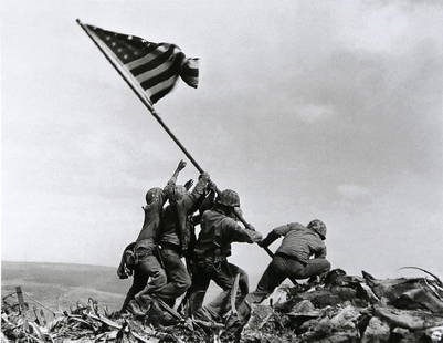 JOE ROSENTHAL - Raising the Flag on Iwo Jima, 1945: Artist: Joe Rosenthal Title: Raising the Flag on Iwo Jima, 1945 Date Printed: 2008 Medium: Photo Litho with Copyright Joe Rosenthal/Ap Photo Printer Location: Italy Size: 15x19 cm - 7.5x5.9 inch Mount