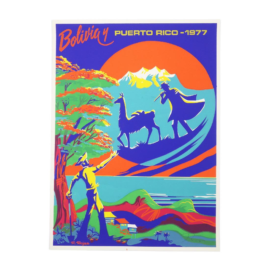 Vintage "Bolivia y Puerto Rico" 1977 Serigraph: An undated serigraph by R. Rojas depicting a Puerto Rican man (in the mountains overlooking the ocean) gesturing towards a Bolivian man and llama in the moon. Text across the top reads “Bolivia y Pu