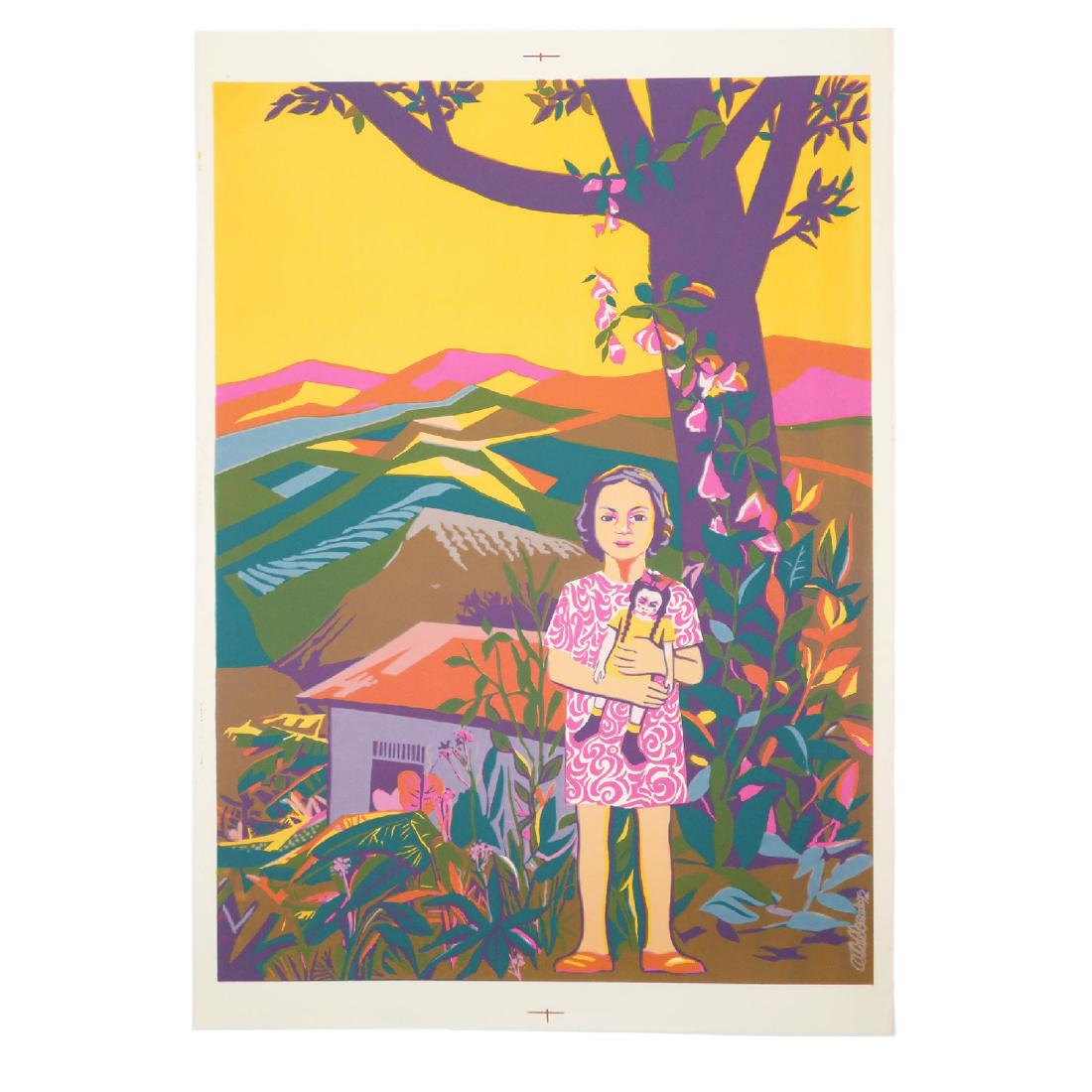 Vintage Little Girl & Her Doll Serigraph: An illegibly signed serigraph from 1972 depicting a young Puerto Rican girl holding her doll in front of a house in the mountains. Beautiful and brightly colored with yellow, pink, purple, blue, green