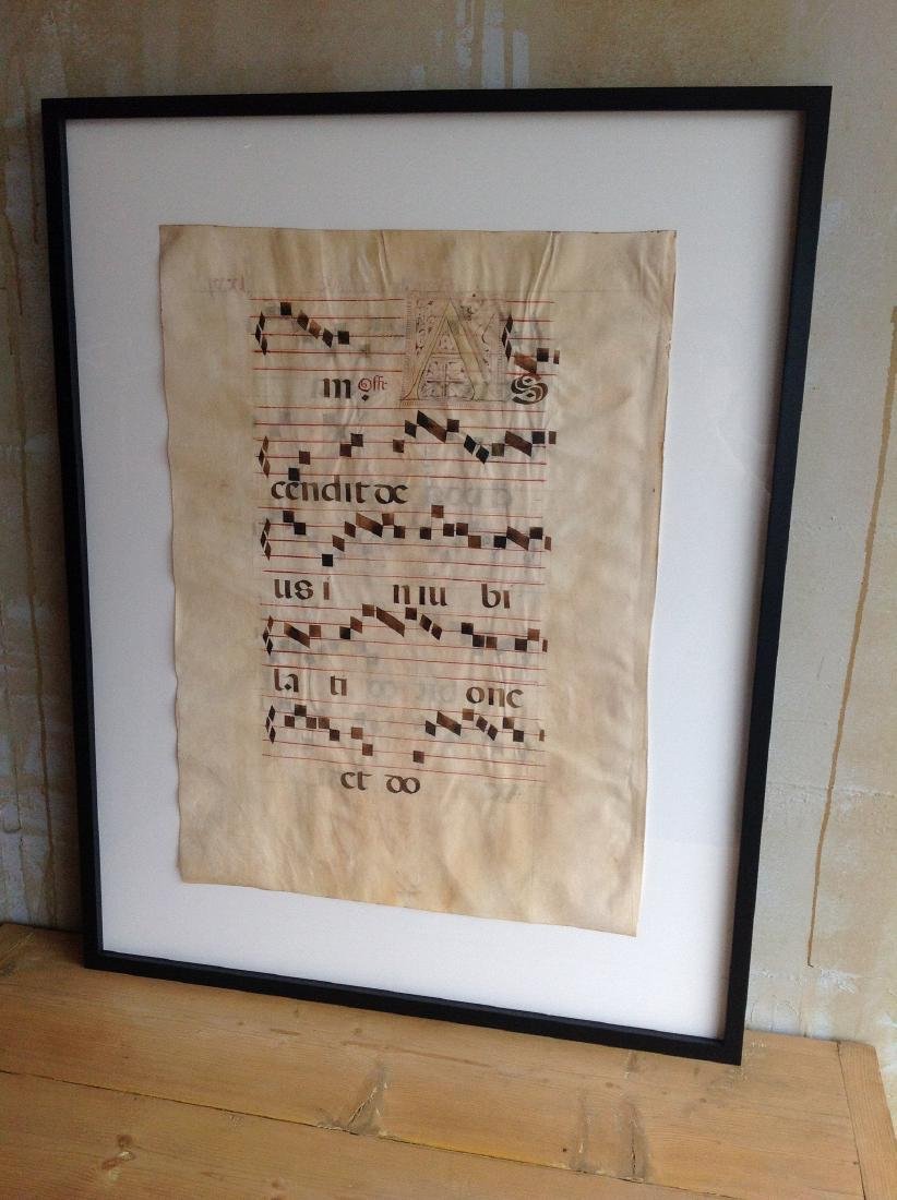 17th Century Music Manuscript-Large: A gorgeous 17th Century antiphonal of chants for Mass. This framed Italian antique music manuscript (in Latin) is an individual page of what would have been a large bound missal for a Catholic mass. I