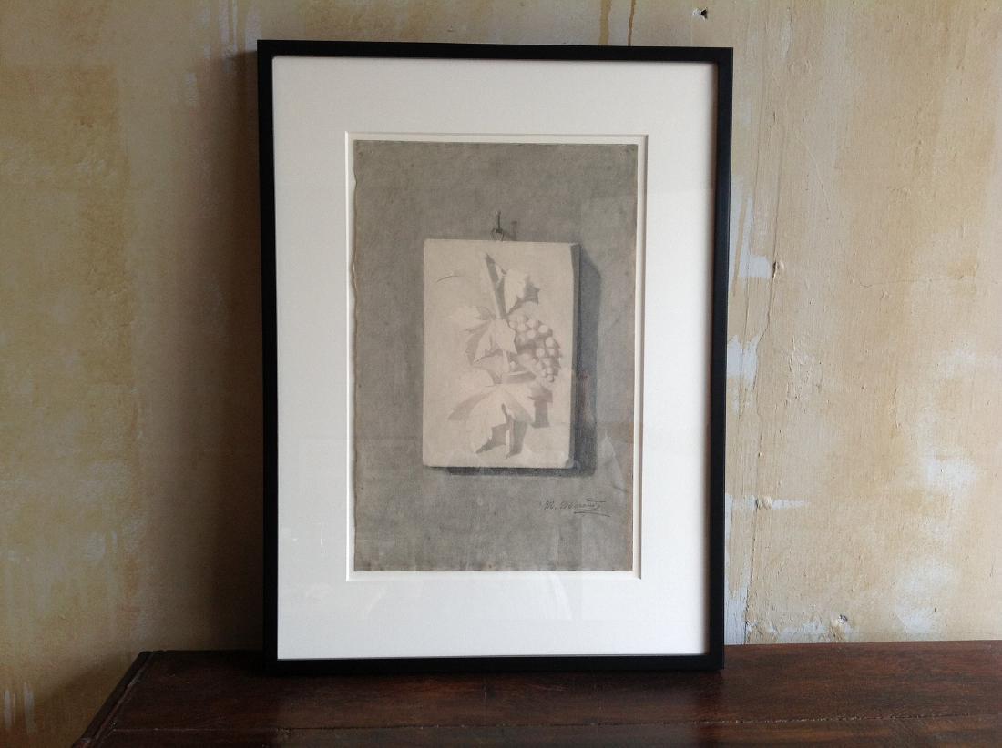 Original Antique Charcoal Drawing- Grapes: Original, signed Italian antique charcoal drawing. This charcoal drawing of grapes on a plaque was done by Florentine artist Morando Morandi, who was a student at the time he did this incredibly detai