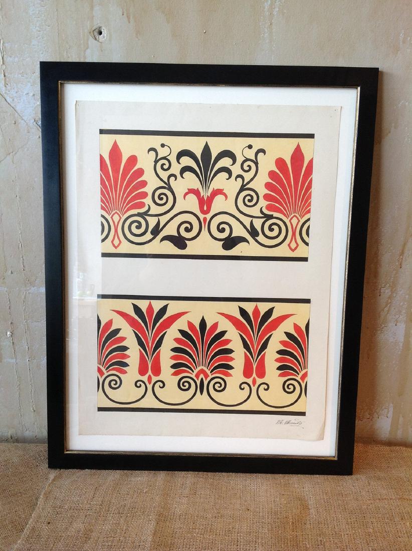 Italian Antique Gouache Painting - Etruscan Frieze: This is an original signed watercolor painting by Florentine artist Morando Morandi. It is a frieze from an Etruscan building in Populonia in Maremma, the only Etruscan city by the sea. The bold graph