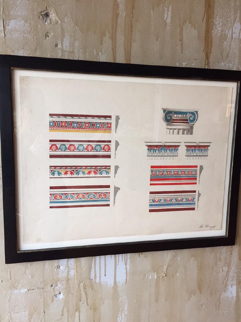 Italian Antique Gouache Painting -Pompeii Friezes: An original Italian Antique Gouache Painting of a series of friezes and capitals in Pompeii, Italy by Italian artist Morando Morandi. DIMENSIONS: Height: 21, Width: 27, Depth: 1 MATERIAL: Gouache wate