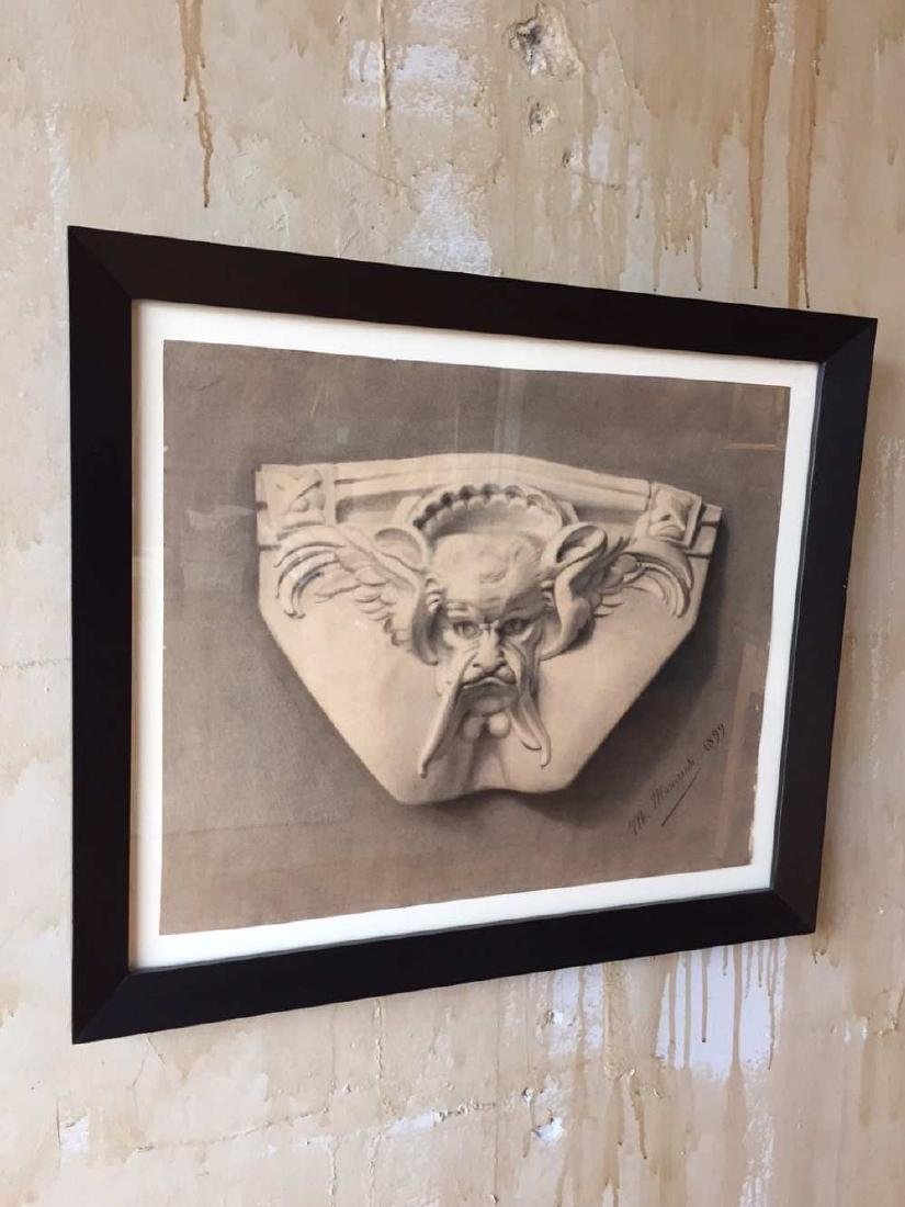 Framed Italian Antique Charcoal Drawing Gargoyle Face: This is an original Italian antique charcoal drawing of a marble relief with a gargoyle face. The antique artwork is signed by Florentine artist Morando Morandi and is dated 1899. It looks like someth