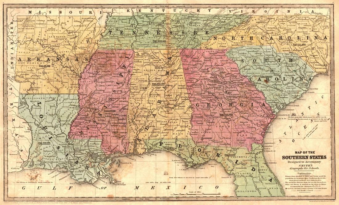 Map of the Southern States: Title: Map of the Southern States Publication Date: 1844 Cartographer: SMITH, ROSWELL C.? Publisher: DANIEL BURGESS Size: 10.5Height - 17.6Width Designed to accompany Smith's Geography for Schools. In