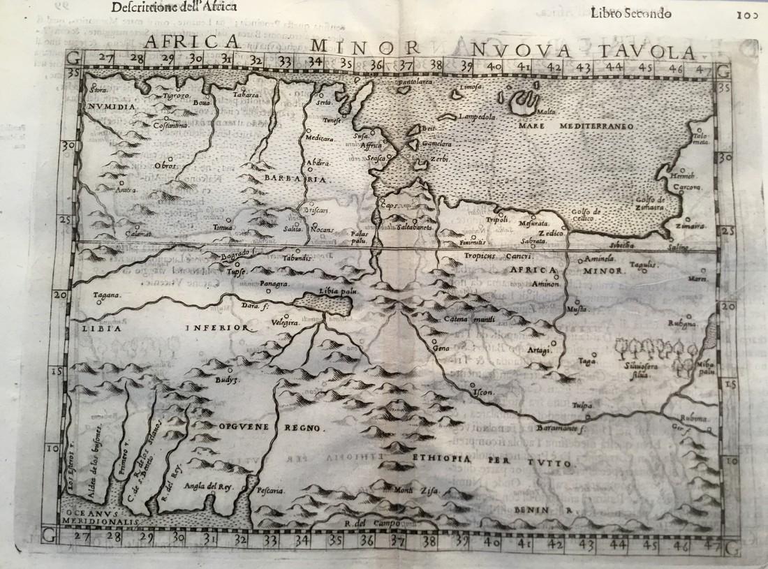 Libya, Tunisia, and Algeria with Malta: Title/Content of Map: Libya, Tunisia, and Algeria with Malta Date: 1598/99 Cartographer: By Ruscelli Size: 11x9” Provenance: Venice Reserve: $50.00 Shipping: Domestic: Free shipping to anywhere with