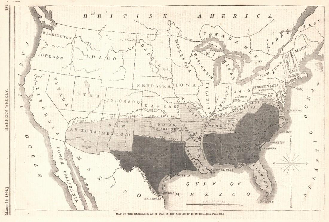 Map of the Rebellion, As It Was in 1861 and As It Is in: Title: Map of the Rebellion, As It Was in 1861 and As It Is in 1864. Publication Date: 1864-03-19 Cartographer: ANONYMOUS Publisher: HARPER'S WEEKLY Size: 9.1Height - 13.75Width Shows the Confederacy 