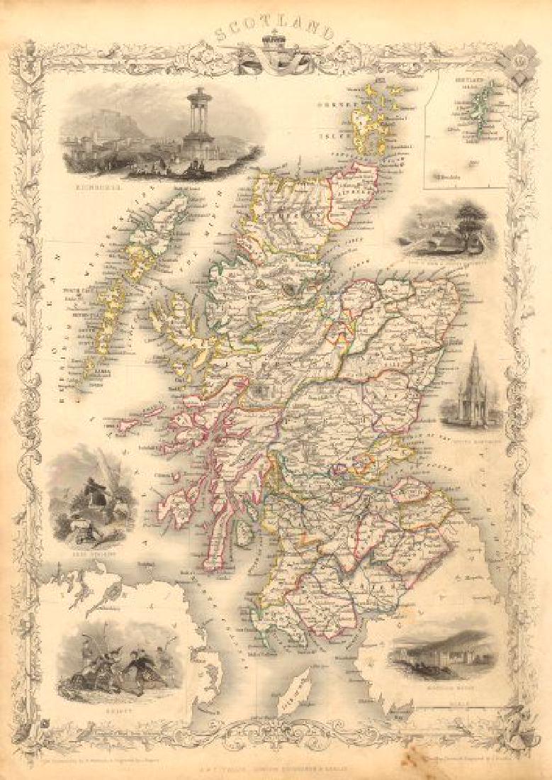 SCOTLAND. Edinburgh Shinty & Holyrood views. Counties.: TITLE/CONTENT OF MAP: 'Scotland' Vignettes: Edinburgh; Brig of Doon & Burns's Monument; Scott's Monument; Holyrood House; Shinty; Deer Stalking. Railways are marked. The top image on the right hand si