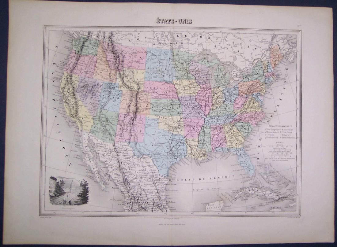 Etats-Unis: Title: Etats-Unis Publication Date: 1870 ca. Cartographer: VUILLEMIN, A./H. NYON Publisher: MIGEON Size: 10.75Height - 14.8Width With railroads and vignette view of Washington, D.C. Dakota not yet div