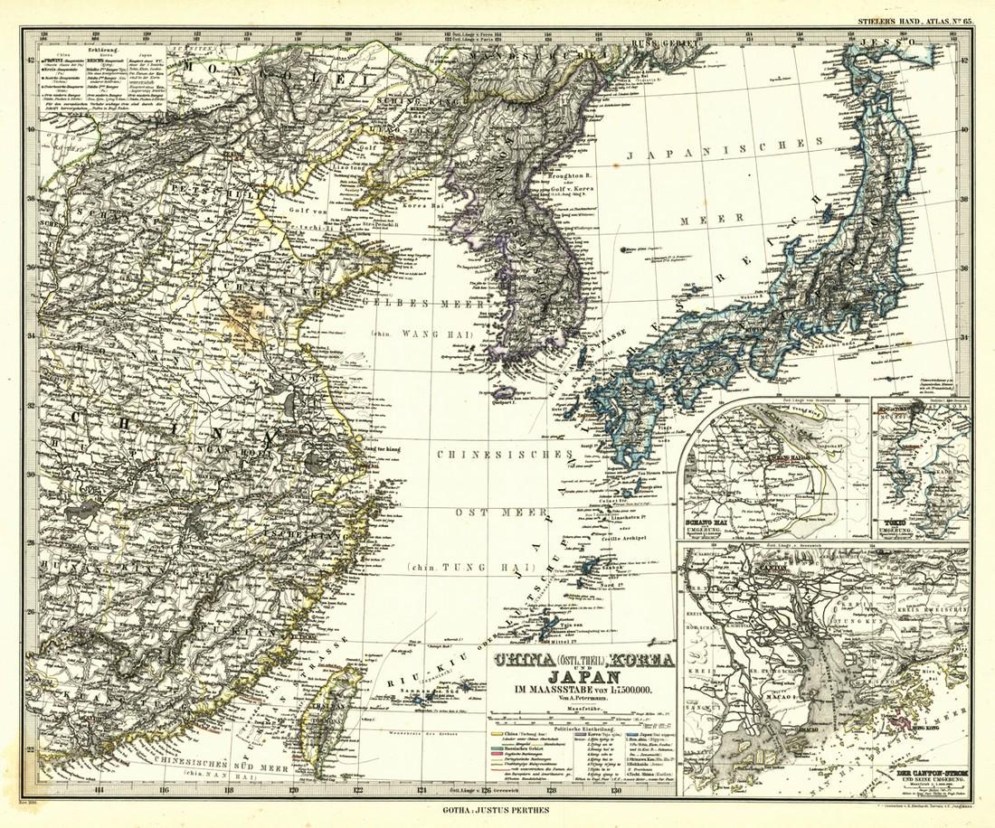 China (Ostl. Theil), Korea Und Japan Im Maassstabe Von: Title: China (Ostl. Theil), Korea Und Japan Im Maassstabe Von 1:7.500.000. Publication Date: 1881 Cartographer: PETERMANN, A. Publisher: JUSTUS PERTHES Size: 13Height - 16Width From: Adolf Stieler's H