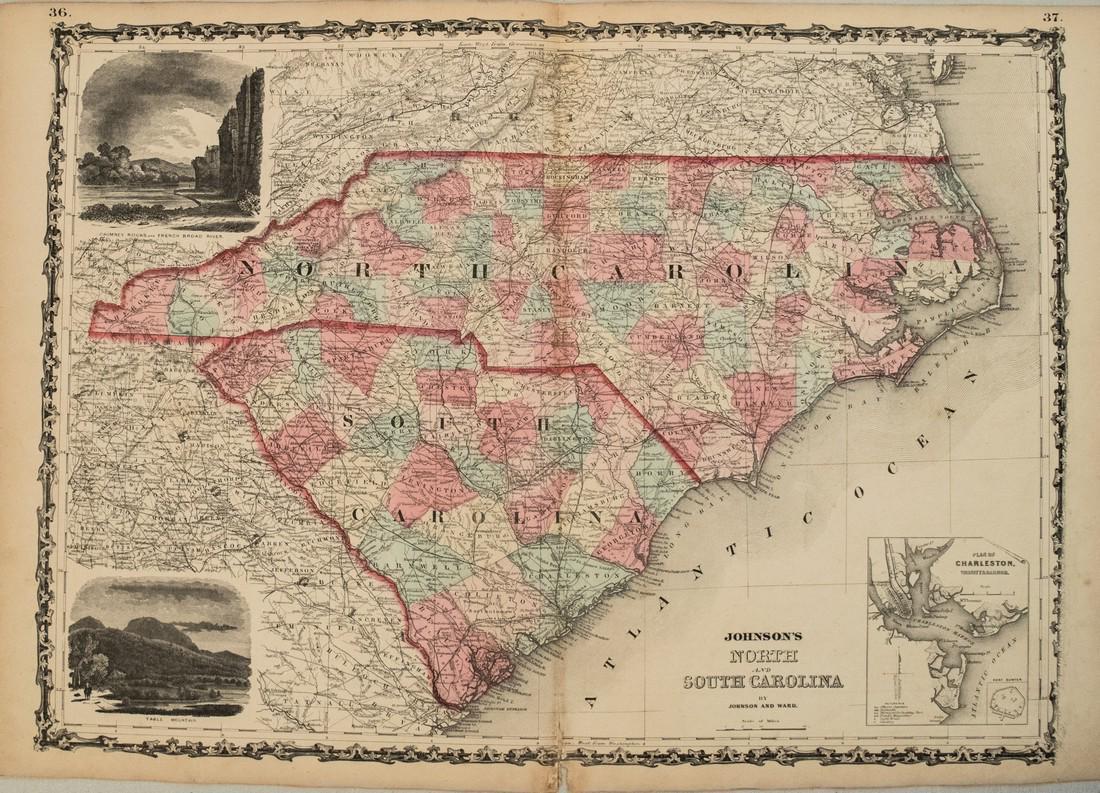 1864 Johnson Map of North and South Carolina --: Title/Content of Map: 1864 Johnson Map of North and South Carolina -- Johnson's North and South Carolina Date: 1864, New York Cartographer: Johnson & Ward Size: 17.3 x 24 in. An excellent, large, doub
