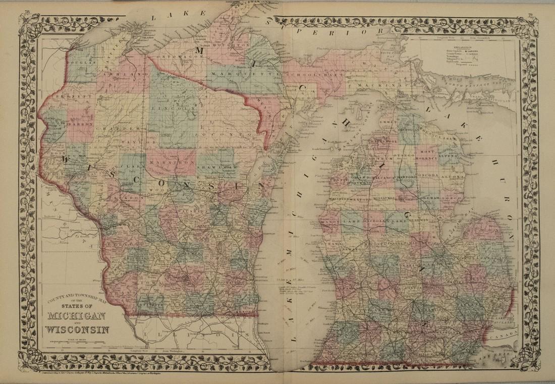 1876 Mitchell Map of Michigan and Wisconsin [verso]: Title/Content of Map: 1876 Mitchell Map of Michigan and Wisconsin [verso] Detroit and Milwaukee -- County and Township Map of the States of Michigan and Wisconsin [verso] Plan of Milwaukee [verso] Pla