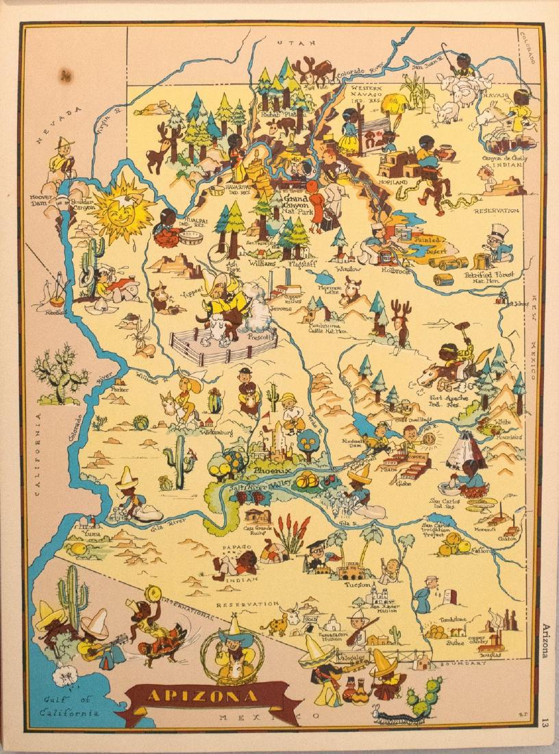 1938 R Taylor White Pictorial Map of Arizona -- Arizona: Title/Content of Map: 1938 R Taylor White Pictorial Map of Arizona -- Arizona Date: 1938, Boston Cartographer: Ruth Taylor White Size: 11.6 x 8.5 in. This is Ruth Taylor White's charming pictorial map
