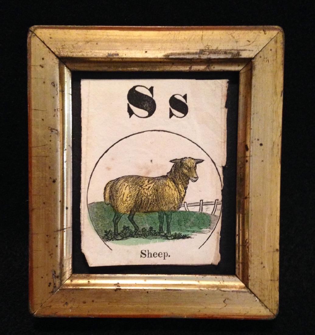 C1850 hand colored sheep woodcut.: Title: C1850 hand colored sheep woodcut. Description: From a children's alphabet series. Some age/use wear. Total framed size is 3 3/4" x 4 1/4". In a 19thc worn gold leaf frame. Shipping: Domestic: F