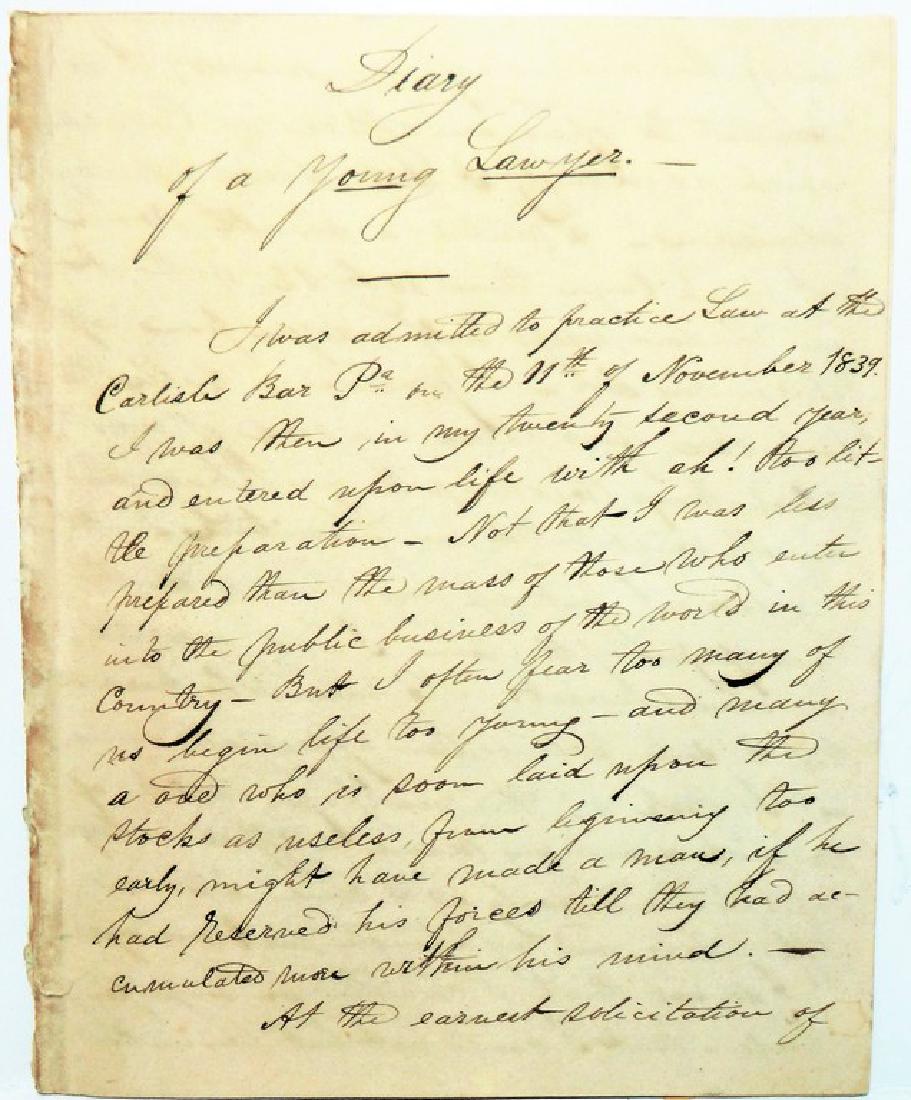 Diary of a Young Lawyer Baltimore 1839: Title: Diary of a Young Lawyer Baltimore 1839 Description: This young man belongs to the Ege/Zug family of Carlisle, PA & Baltimore, MD. A five page (6"x7.5") manuscript account of his earliest experi