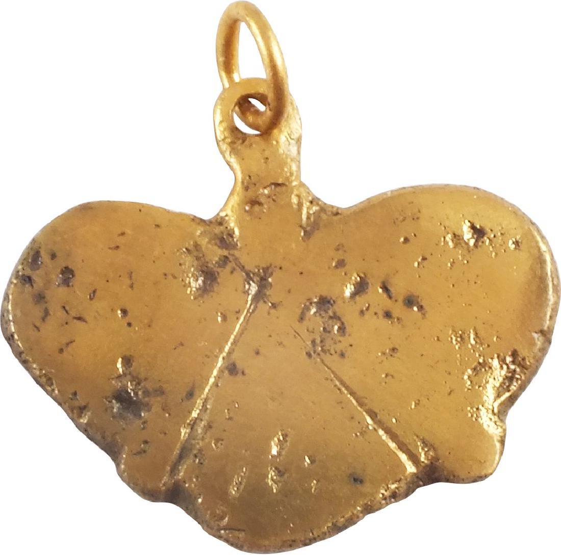 VIKING HEART PENDANT C.850-1050 A.D.: Broad, slightly curved with rounded edges. Well defined form with base nubs and trisecting lines. Over 1” width. Made by the open face mold technique. For Vikings the heart stood for bravery, fortit