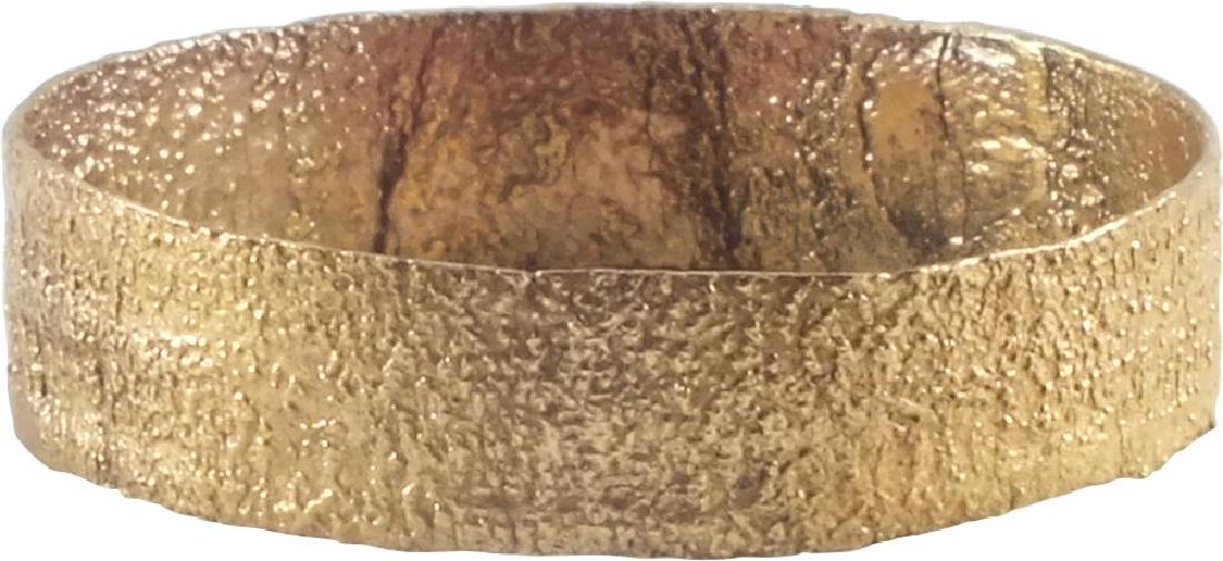 ANCIENT VIKING WEDDING RING C.850-1050 A.D. SIZE 9 1/2: No Reserve! Gilt bronze. Wide band. Size 9 3/4. Double incised annular grooves faded from burial . Vikings exchanged rings on the pommel of the groom’s sword. Professionally refurbished with the gol
