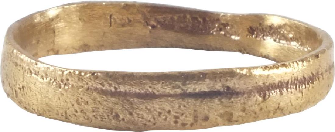 ANCIENT VIKING WEDDING RING C.850-1050 A.D. SIZE 5 ½.: No Reserve! Gilt bronze. Broad, slightly rounded faced band with single incised line, size 5 ½. Surface textured from burial and small imperfections. Vikings exchanged rings on the pommel of the groo