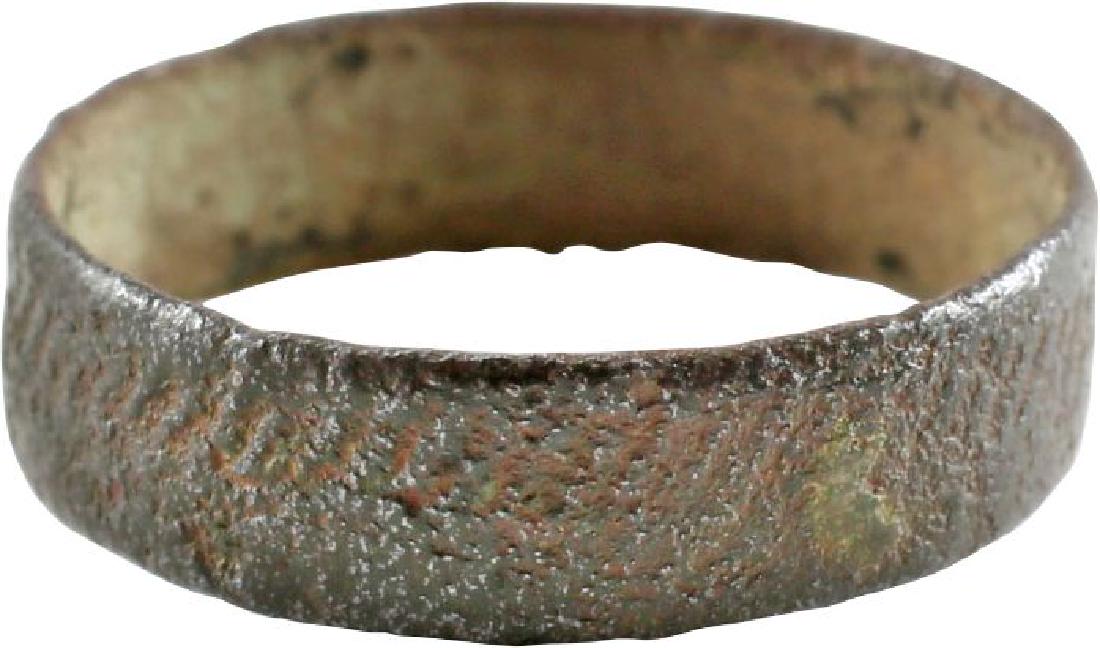 VIKING WEDDING RING, 850-1050 A.D., SIZE 6 3/4.: No Reserve! Bronze size 6 3/4. Broad width with flat face inscribed with a band of hatching all around. Mottled dark patina. Vikings exchanged rings on the pommel of the groom’s sword. Gift boxed wi