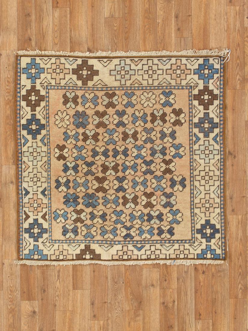 3 x 3 Antique Turkish Milas Rug: Title: 3 x 3 Antique Turkish Milas Rug Description: This is a perfect condition antique Turkish Milas rug. The exact size is a 3'3" x 3'3" square. The main color is beige with blue and brown flowers. 