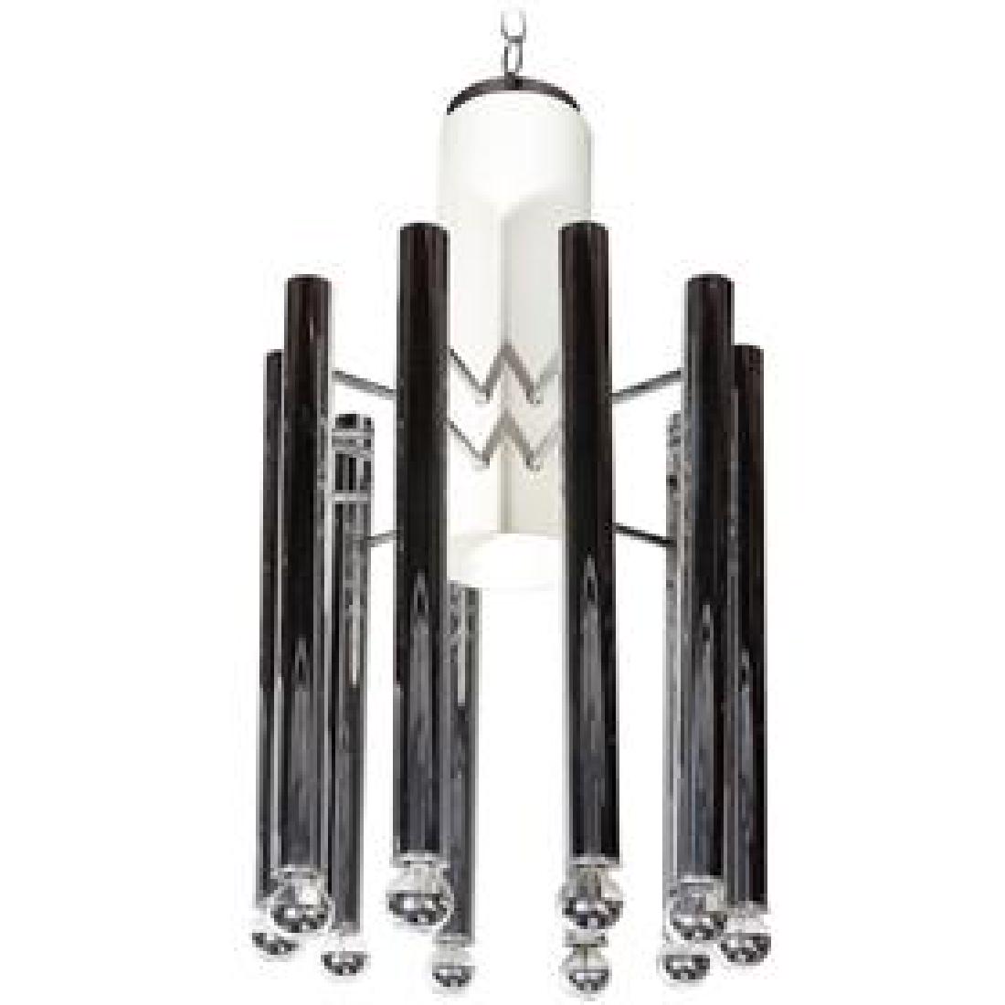 Vintage Esperia Chandelier: Condition; Dimensions; Height: 30" / 76.2cm Diameter: 17.5" / 44.45cm; No. of Items; 1; Description; Esperia Italian Mid Century Modern chandelier, large center cylinder in white enamel finish with te